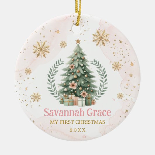 ピンク金ゴールドスノーフレークベビー第1クリスマス セラミックオーナメント (正面)