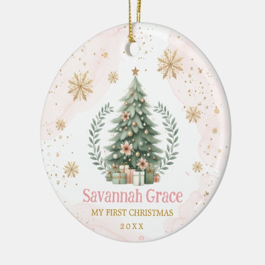 ピンク金ゴールドスノーフレークベビー第1クリスマス セラミックオーナメント (左)