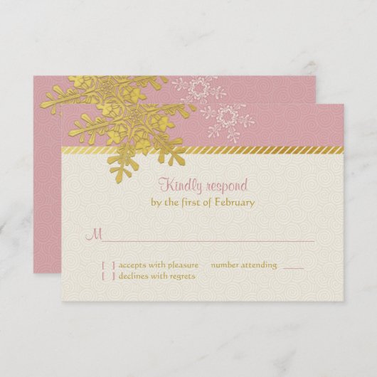 ピンク金ゴールドスノーフレーク冬の結婚式の返信カード 出欠カード (正面/裏面)