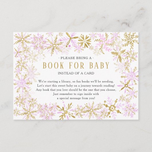 ピンク金ゴールドスノーフレーク赤ちゃんシャワーベビーカード用ブック エンクロージャーカード (正面)