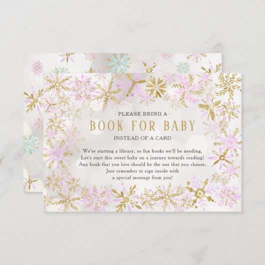 ピンク金ゴールドスノーフレーク赤ちゃんシャワーベビーカード用ブック エンクロージャーカード (正面/裏面)