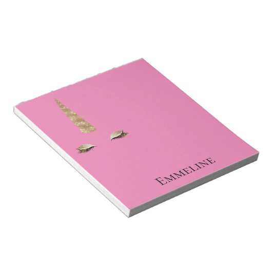 ピンク金ゴールドスパークルグラムユニコーンパーソナライズされた ノートパッド (アングル)