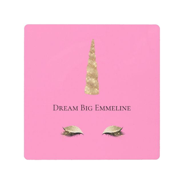 ピンク金ゴールドスパークルグラムユニコーンパーソナライズされた メタルプリント (正面)