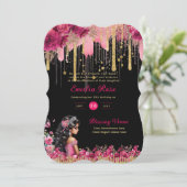 ピンク金ゴールドスパークルズキンセアニェラドレスフローラバラ 招待状 (スタンド正面)