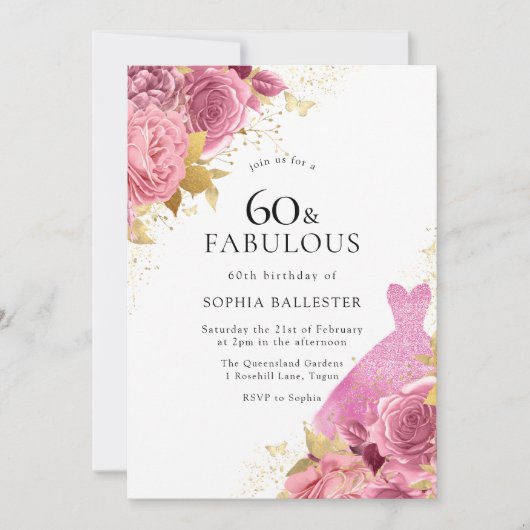 ピンク金ゴールドスパークルドレスバラ60th誕生日パーティー 招待状 (正面)