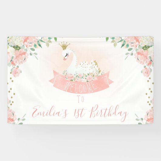 ピンク金ゴールドスワンプリンセスウェルカム誕生日バナー 横断幕 (横)