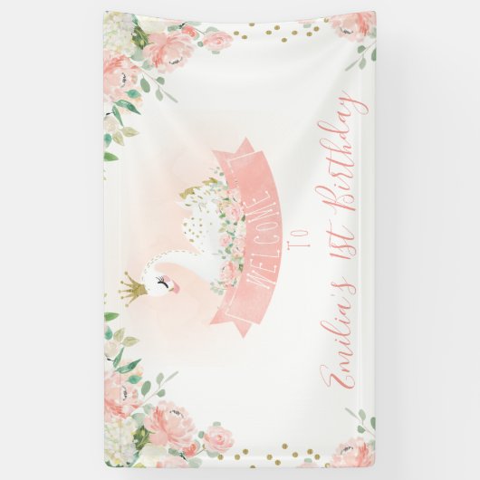 ピンク金ゴールドスワンプリンセスウェルカム誕生日バナー 横断幕 (縦)