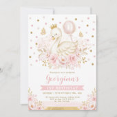 ピンク金ゴールドスワンプリンセスバルーンバースデーパーティー 招待状 (正面)