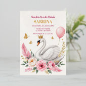 ピンク金ゴールドスワンプリンセスバルーンバースデーパーティー 箔招待状 (立ち正面)