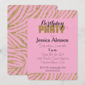ピンク金ゴールドゼブラプリントフェイクグリッター誕生日 招待状 (正面/裏面)