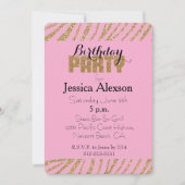 ピンク金ゴールドゼブラプリントフェイクグリッター誕生日 招待状 (正面)