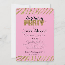ピンク金ゴールドゼブラプリントフェイクグリッター誕生日 招待状