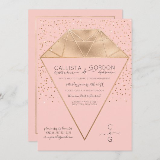 ピンク金ゴールドダイヤモンド紙吹雪グリッター婚約 招待状 (正面/裏面)