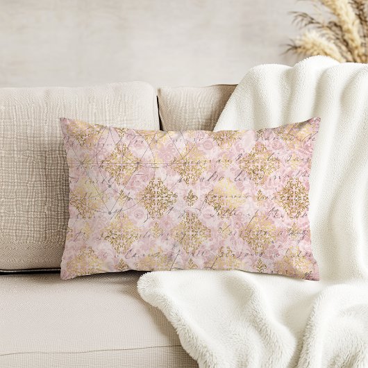 ピンク金ゴールドダマスクヴィンテージ手書き入力エフェメラ アクセントクッション