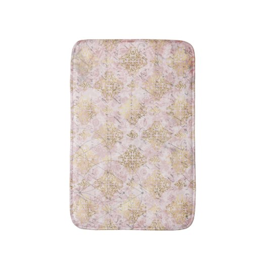 ピンク金ゴールドダマスクヴィンテージ手書き入力エフェメラ バスマット (正面縦)