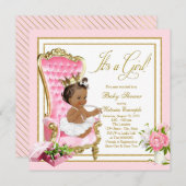 ピンク金ゴールドチェアエスニックプリンセスパールベビーシャワー 招待状 (正面/裏面)