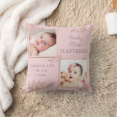 ピンク金ゴールドツーフォトベビーガール誕生統計 クッション (ブランケット)