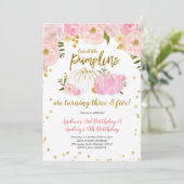 ピンク金ゴールドツーリトルカボチャ誕生日招待状 招待状 (スタンド正面)