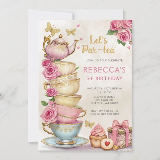 ピンク金ゴールドティーパーティーガール誕生日 招待状 (正面)