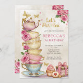 ピンク金ゴールドティーパーティーガール誕生日 招待状 (正面/裏面)