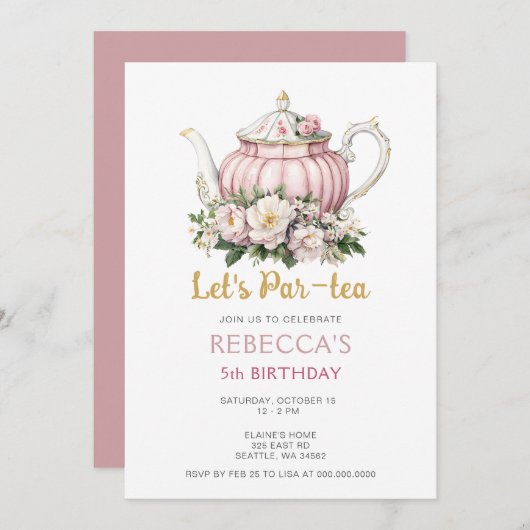 ピンク金ゴールドティーパーティーガール誕生日 招待状 (正面/裏面)