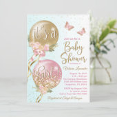 ピンク金ゴールドティール（緑がかった色）バルーン蝶ベビーシャワー 招待状 (スタンド正面)