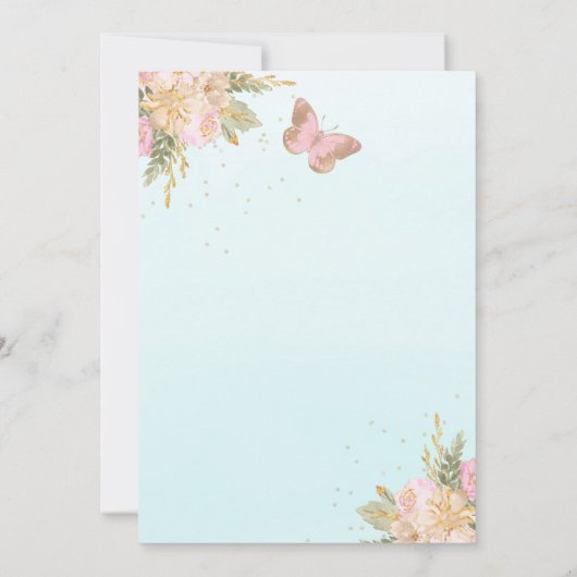 ピンク金ゴールドティール(緑がかった色)バルーン蝶ベビーシャワー 招待状 (裏面)