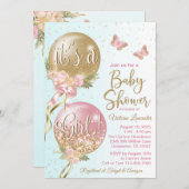 ピンク金ゴールドティール（緑がかった色）バルーン蝶ベビーシャワー 招待状 (正面/裏面)