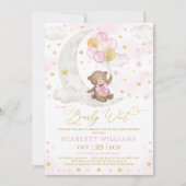 ピンク金ゴールドテディベアームーンスターベビーガールシャワー 招待状 (正面)