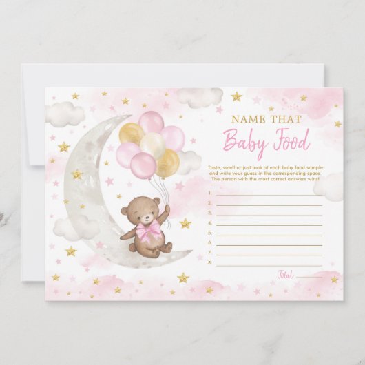 ピンク金ゴールドテディベアームーンネームベビーフードゲームカード サンキューカード (正面)