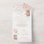 ピンク金ゴールドテディベア熱気球ベビーシャワー オールインワン招待状 (内側)