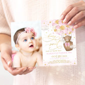 ピンク金ゴールドテディベア熱気球1st誕生日 招待状