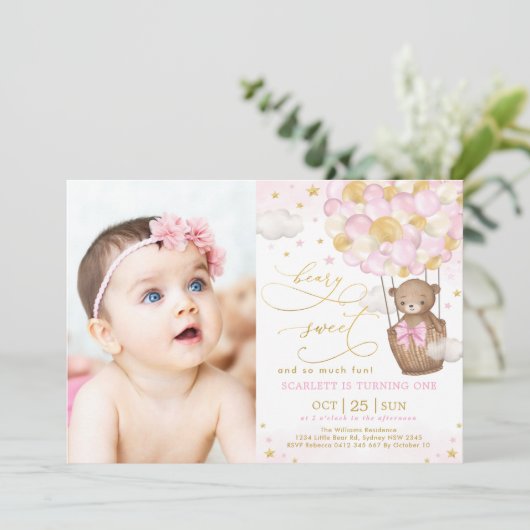 ピンク金ゴールドテディベア熱気球1st誕生日 招待状 (スタンド正面)