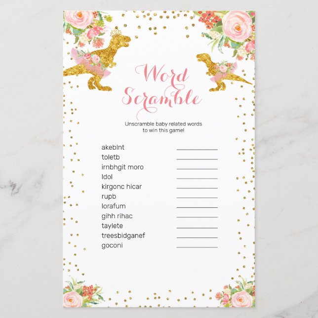 ピンク金ゴールドディノガールウォーター色ワードスクランブルゲーム (正面)