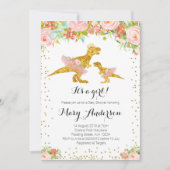 ピンク金ゴールドディノガールベビーシャワー招待状 招待状 (正面)