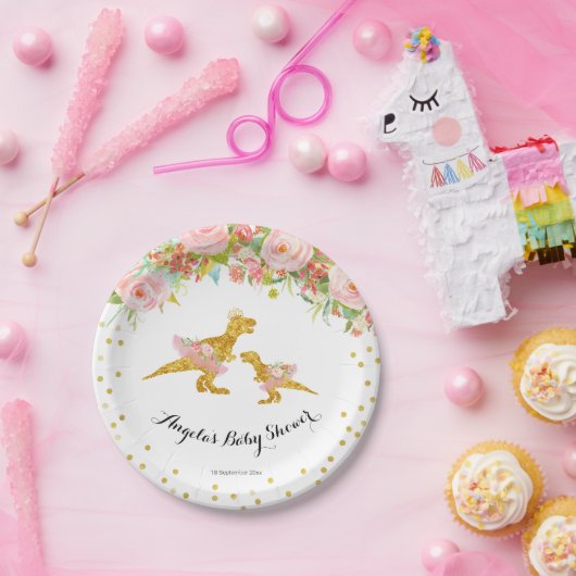 ピンク金ゴールドディノガールベビーショーパーティー紙プレート ペーパープレート (パーティー)