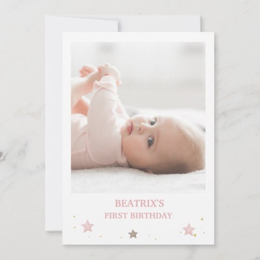 ピンク金ゴールドトゥインクルリトルスターフォト誕生日 招待状 (裏面)