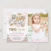 ピンク金ゴールドトロピカルサファリツーワイルドフォト誕生日 招待状 (正面)