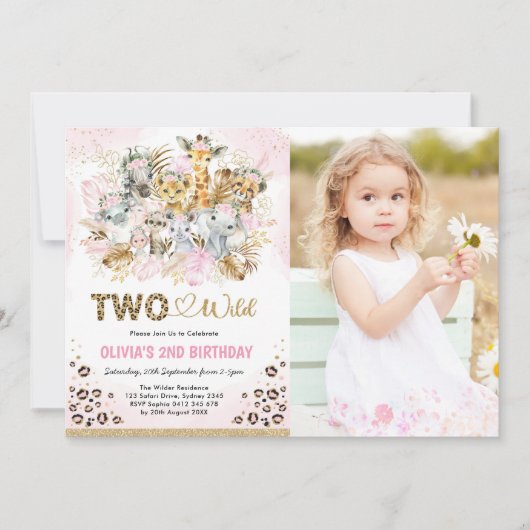 ピンク金ゴールドトロピカルサファリツーワイルドフォト誕生日 招待状 (正面)
