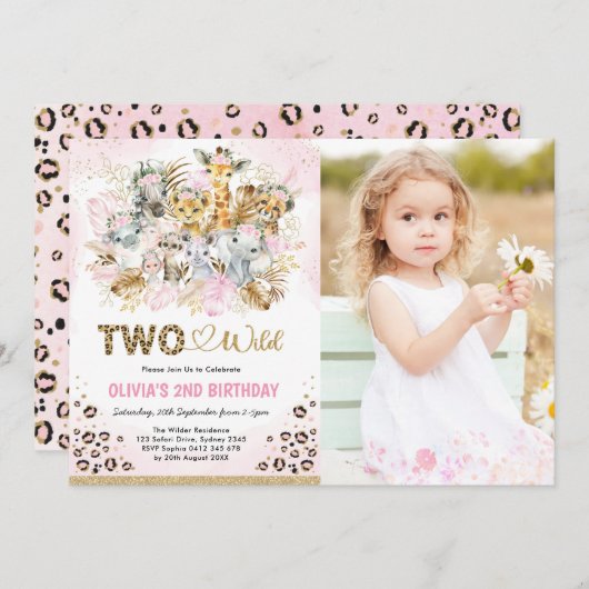 ピンク金ゴールドトロピカルサファリツーワイルドフォト誕生日 招待状 (正面/裏面)