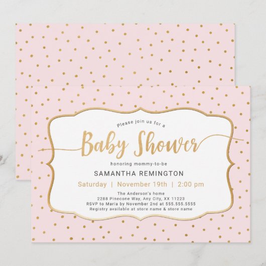 ピンク金ゴールドドットガールベビーシャワー 招待状 (正面/裏面)