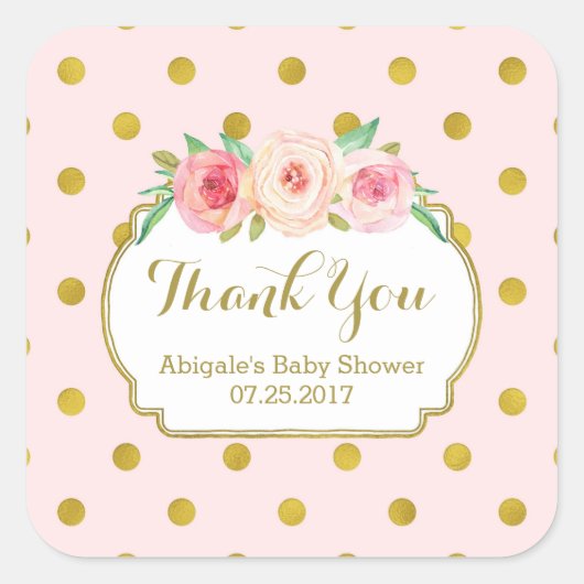 ピンク金ゴールドドットフローラベビーシャワーメッセージカード スクエアシール (正面)