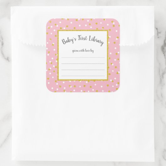 ピンク金ゴールドドット女の子のためのベビーシャワー蔵書票 スクエアシール (バッグ)