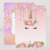 ピンク金ゴールドドリップグリッターユニコーンテンプレート 招待状 (正面/裏面)