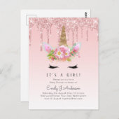 ピンク金ゴールドドリップグリッターユニコーンベビーガールシャワー ポストカード (正面/裏面)