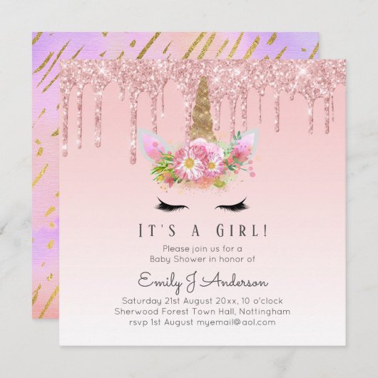 ピンク金ゴールドドリップグリッターユニコーンベビーガールシャワー 招待状 (正面/裏面)