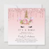 ピンク金ゴールドドリップグリッターユニコーンベビーガールシャワー 招待状 (正面)