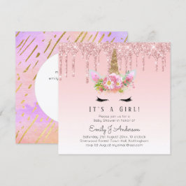 ピンク金ゴールドドリップグリッターユニコーンベビーガールシャワー 招待状