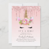 ピンク金ゴールドドリップグリッターユニコーンベビーガールシャワー 招待状 (正面)