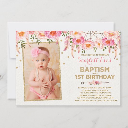 ピンク金ゴールドドリームキャッチャバプテスマ1歳パーティー 招待状 (正面)